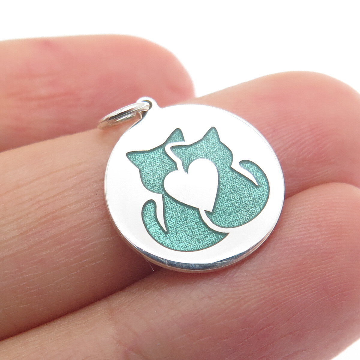 925 Sterling Silver Green Enamel Cat Couple Round Tag Minimalist Charm Pendant