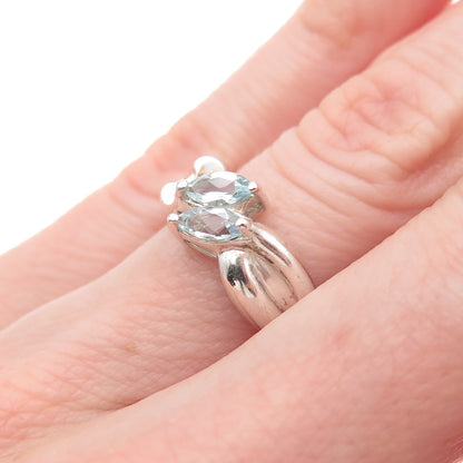 925 Sterling Silver Vintage Real Marquise-Cut Aquamarine Modernist Ring Size 6