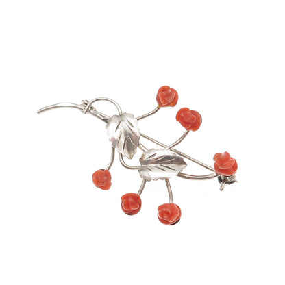 800 Silver Antique Art Deco Real Coral Rose Floral Oxidized Pin Brooch