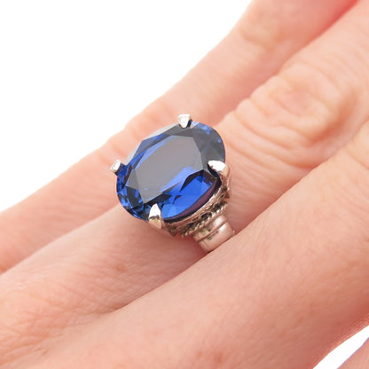 925 Sterling Silver Vintage Oval-Cut Lab-Created Sapphire Ring Size 4.75