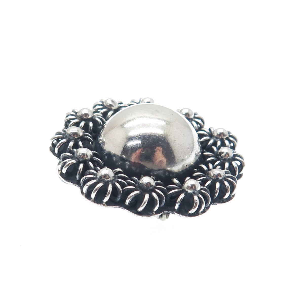 925 Sterling Silver Vintage Mexico Cannetille Floral Oxidized Pin Brooch Pendant