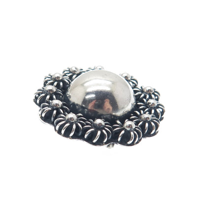 925 Sterling Silver Vintage Mexico Cannetille Floral Oxidized Pin Brooch Pendant