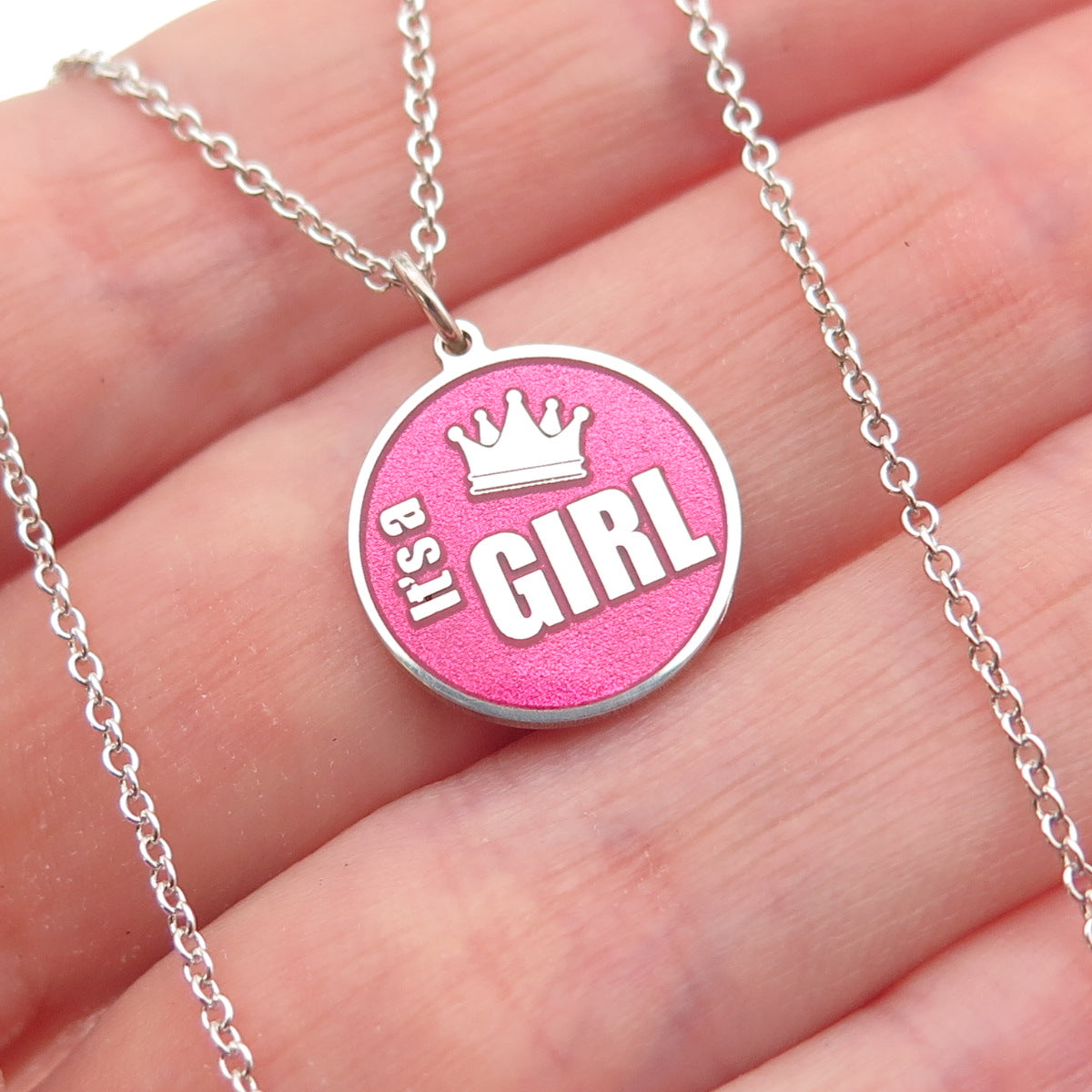925 Sterling Silver Pink Enamel It's a Girl Round Tag Cable Chain Necklace 18"