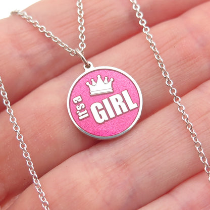 925 Sterling Silver Pink Enamel It's a Girl Round Tag Cable Chain Necklace 18"