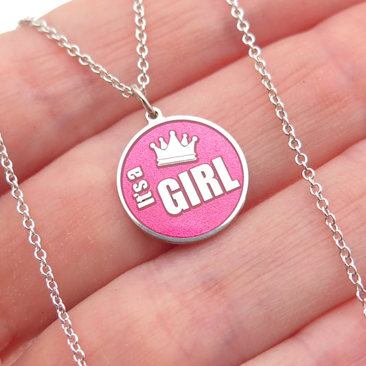 925 Sterling Silver Pink Enamel It's a Girl Round Tag Cable Chain Necklace 18"