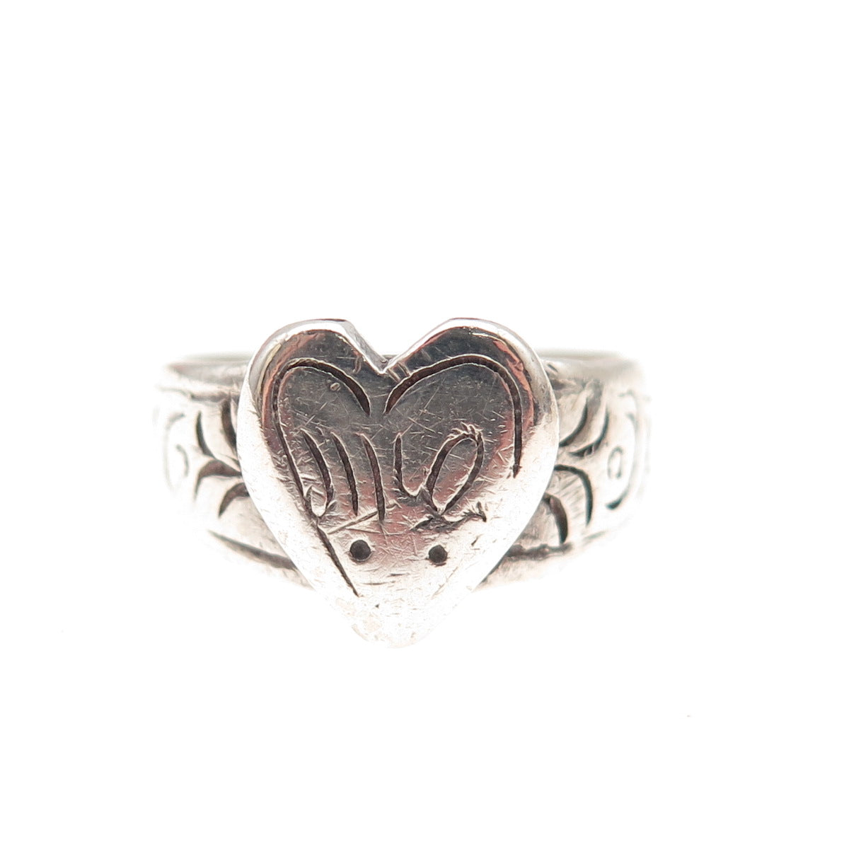 925 Sterling Silver Antique Art Deco Heart Oxidized Signet Ring Size 6.75