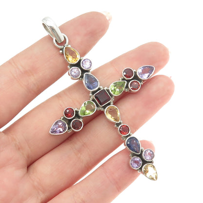 925 Sterling Silver Vintage Amethyst Garnet Citrine Peridot Iolite Cross Pendant