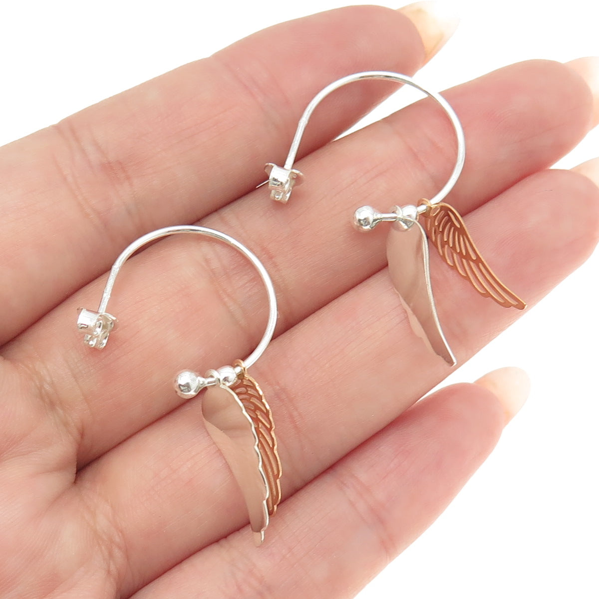 925 Sterling Silver 2-Tone Angle Wings Dangling Hoop Earrings