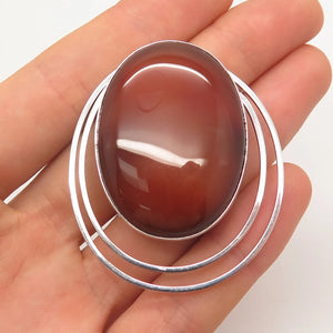 925 Sterling Silver Vintage Israel Real Red Agate Gemstone Pin Brooch / Pendant