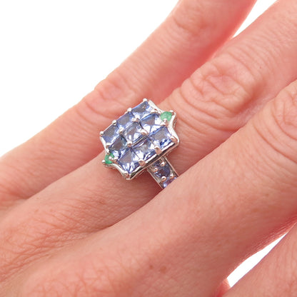 Chuck Clemency 925 Sterling Silver Real Tanzanite & Emerald Ring Size 5.25
