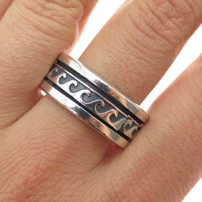 925 Sterling Silver Vintage Wave Rotating Band Oxidized Ring Size 12.75