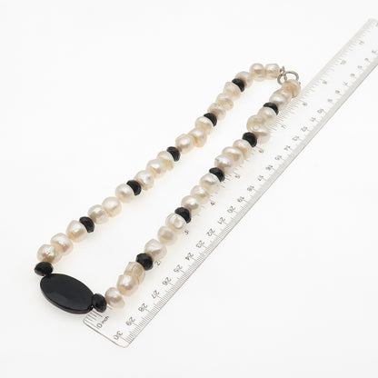 925 Sterling Silver Vintage Real Baroque Pearl & Black Onyx Beaded Necklace 18"