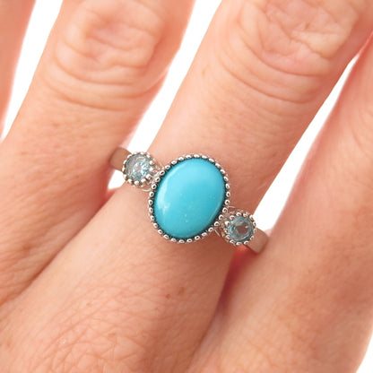 925 Sterling Silver Real Sleeping Beauty Turquoise & Aquamarine Ring Size 8.25