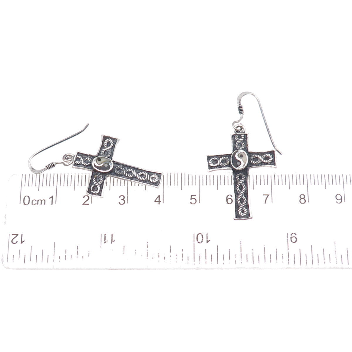 925 Sterling Silver Vintage Real Black & White Diamond Yin Yang Cross Earrings