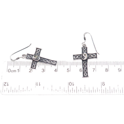 925 Sterling Silver Vintage Real Black & White Diamond Yin Yang Cross Earrings
