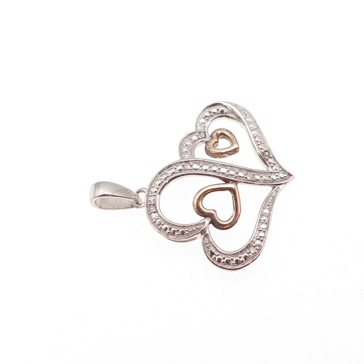 925 Sterling Silver 2-Tone Real Round-Cut Diamond Couple Heart Charm Pendant