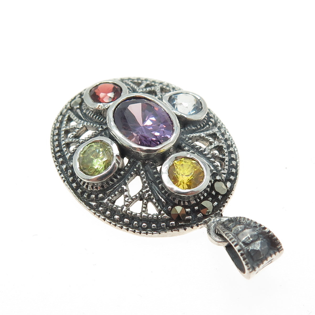 925 Sterling Silver Vintage Amethyst Citrine Peridot Garnet Topaz Gem Pendant