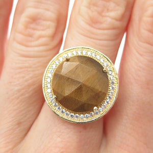 925 Sterling Silver Gold Plated Real Round-Cut Tiger Eye & C Z Ring Size 7.5