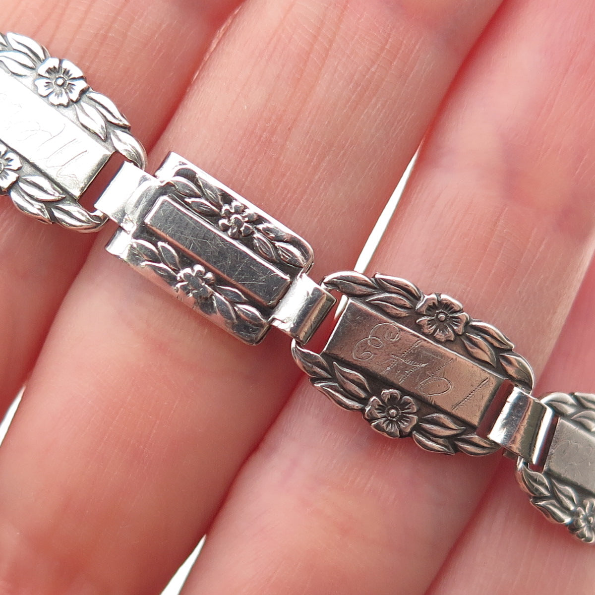 925 Sterling Silver Antique Art Deco Forget Me Not Engraved Link Bracelet 7.5"