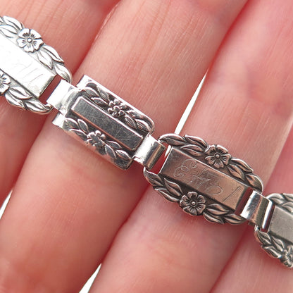 925 Sterling Silver Antique Art Deco Forget Me Not Engraved Link Bracelet 7.5"