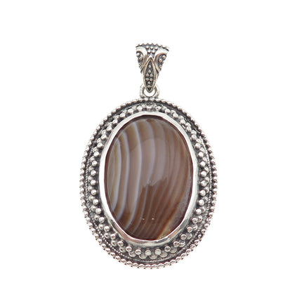 BERIA 925 Sterling Silver Vintage Real Agate Granulated Oxidized Charm Pendant