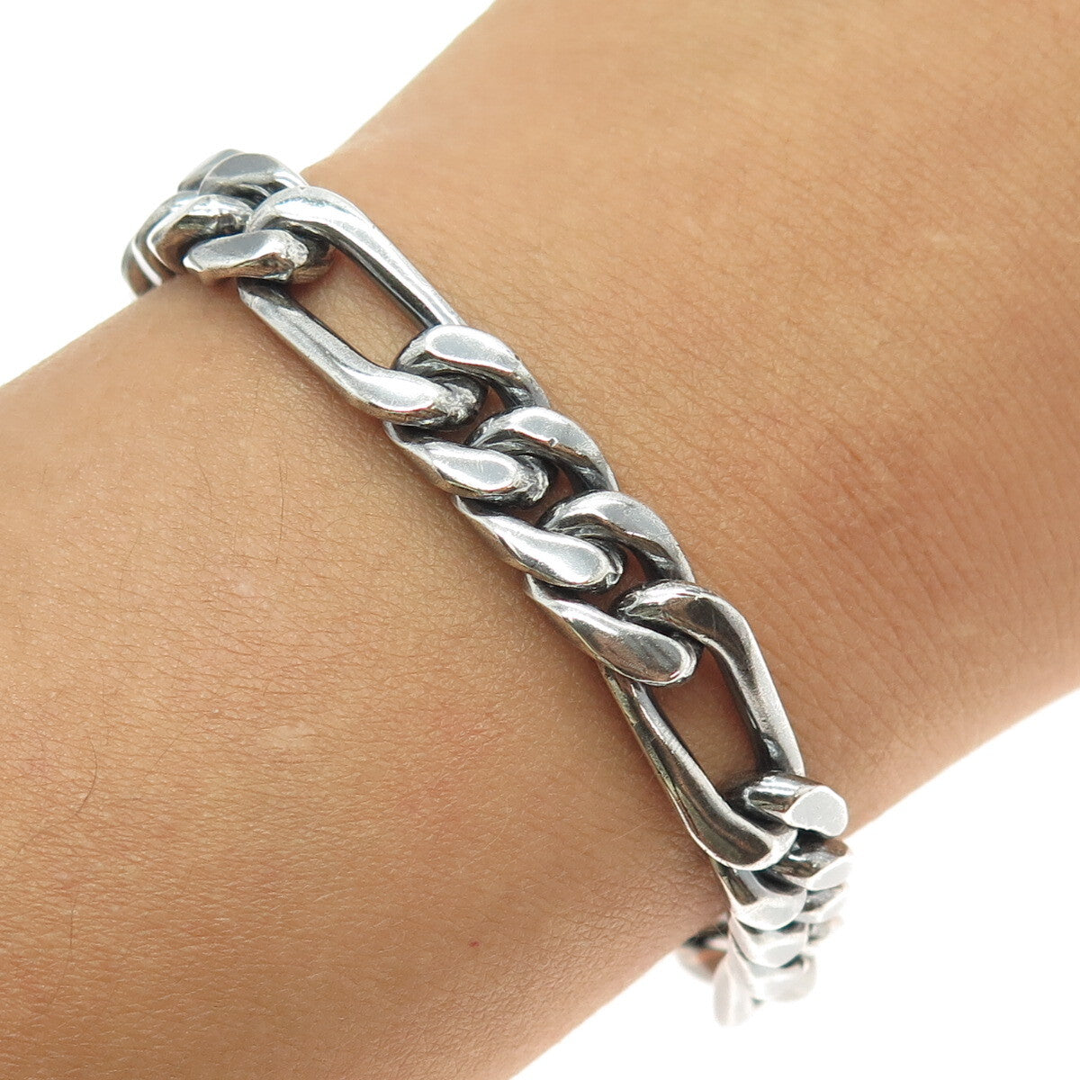 925 Sterling Silver Vintage Mexico Cuban Figaro Link Oxidized Bracelet 8"