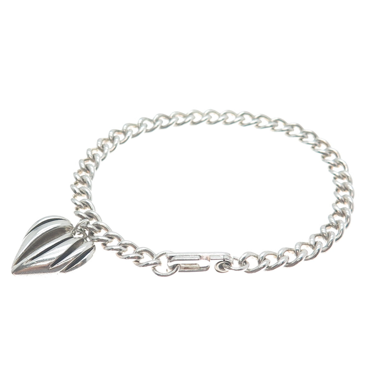925 Sterling Silver Vintage Modernist Heart Charm Curb Link Bracelet 6.75"