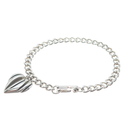 925 Sterling Silver Vintage Modernist Heart Charm Curb Link Bracelet 6.75"