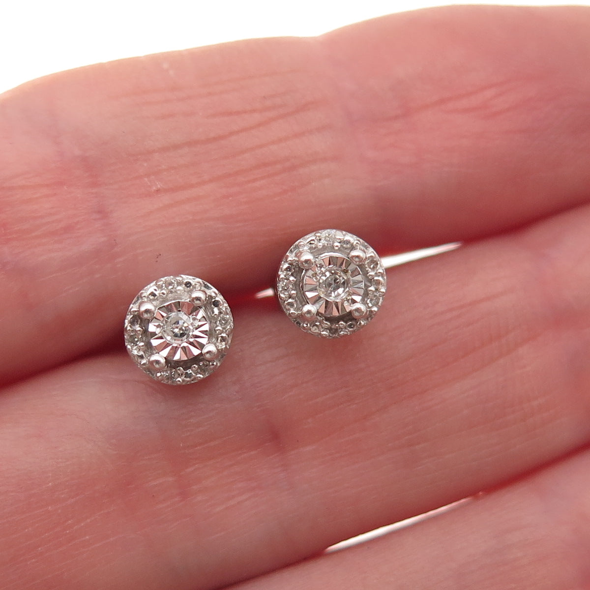 925 Sterling Silver Real Round-Cut Diamond Stud Earrings