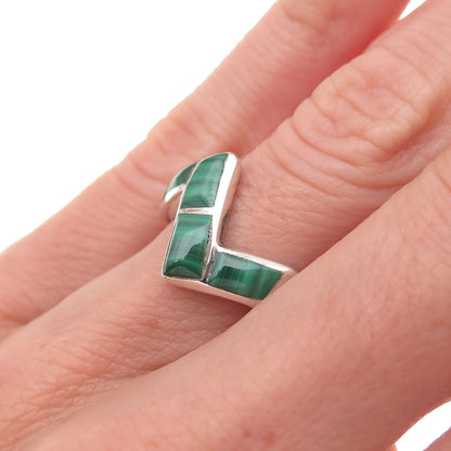 Doug Paulus Sterling Silver Vintage Real Malachite Zig Zag Oxidized Ring Size 6