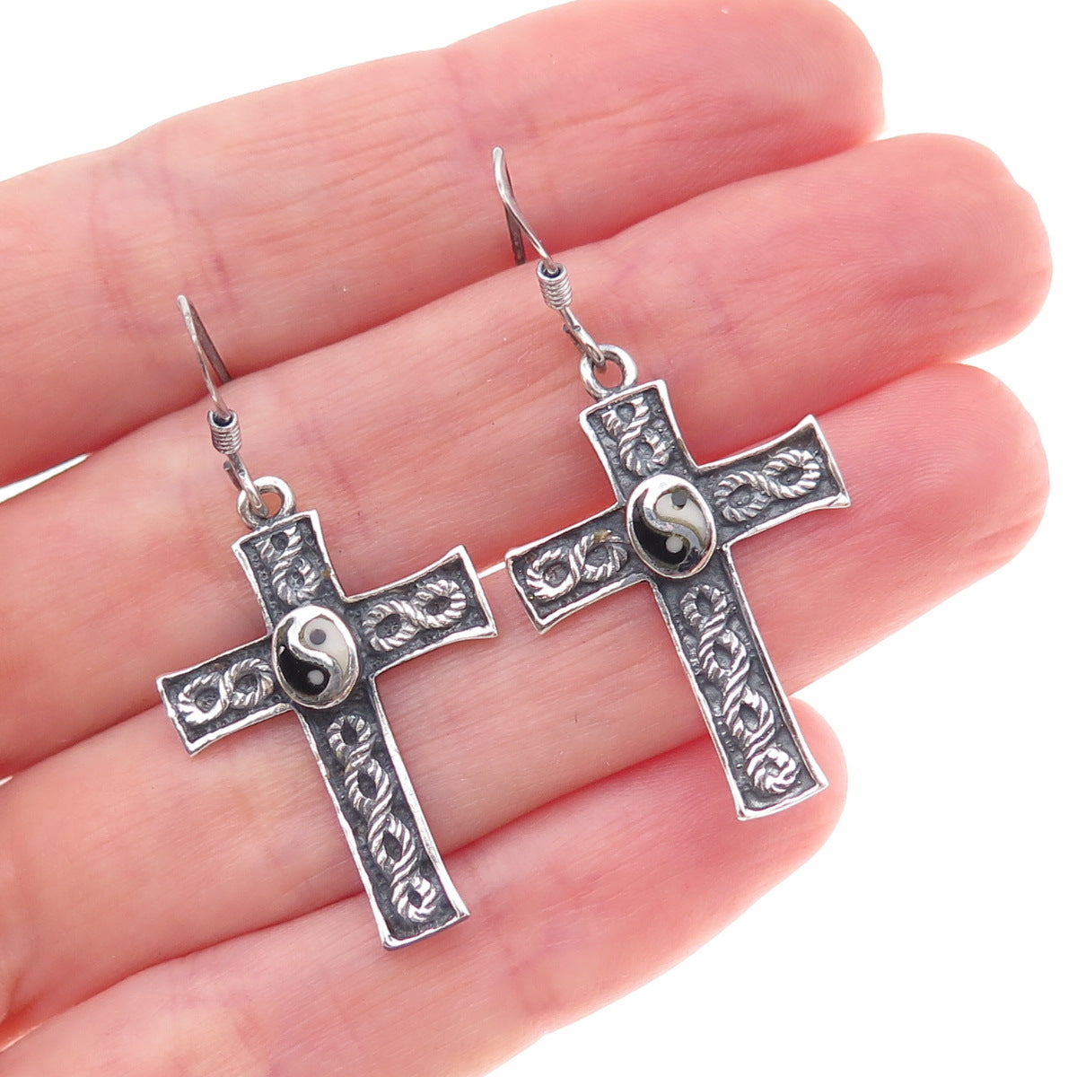 925 Sterling Silver Vintage Real Black & White Diamond Yin Yang Cross Earrings