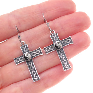 925 Sterling Silver Vintage Real Black & White Diamond Yin Yang Cross Earrings