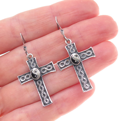 925 Sterling Silver Vintage Real Black & White Diamond Yin Yang Cross Earrings