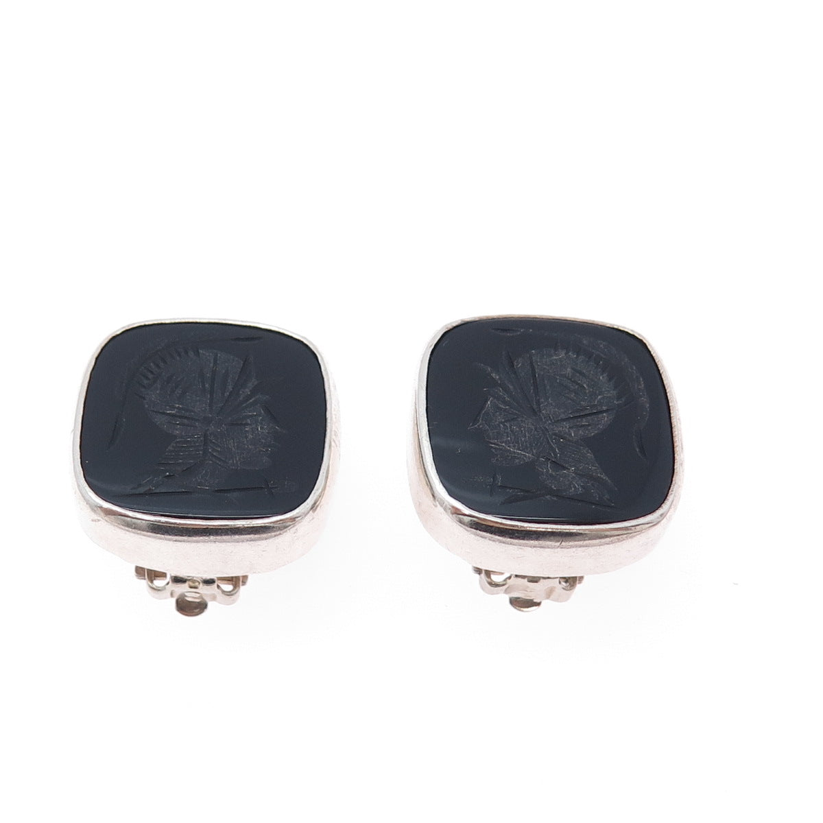 925 Sterling Silver Vintage Real Black Onyx Roman Warrior Clip On Earrings