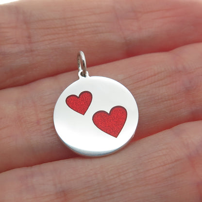 925 Sterling Silver Red Enamel Couple Heart Round Tag Minimalist Charm Pendant
