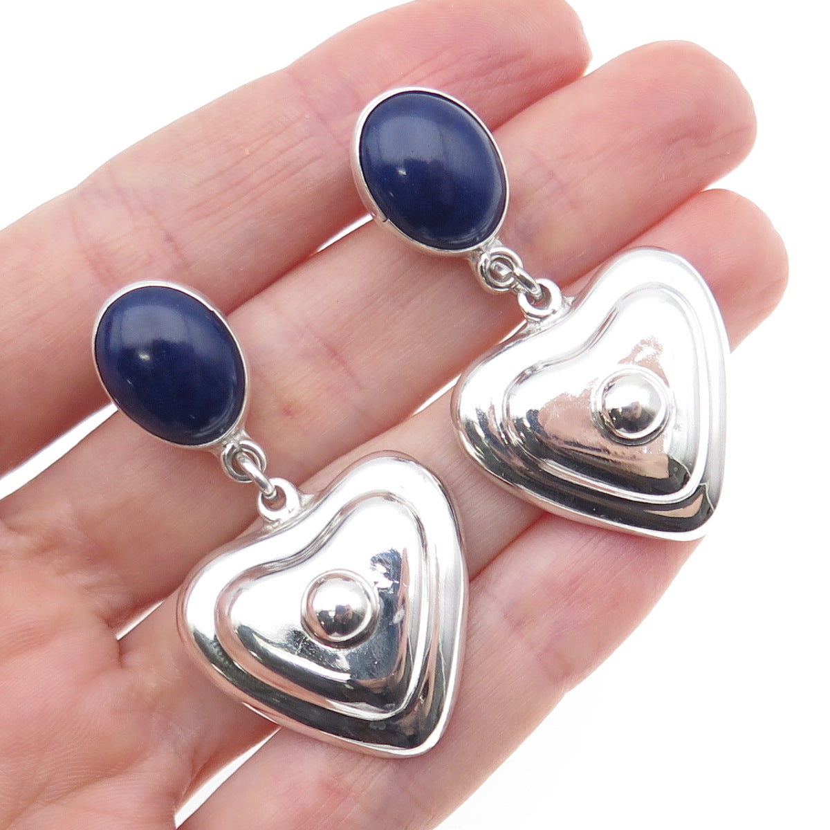 925 Sterling Silver Vintage Mexico Real Lapis Lazuli Heart Dangle Earrings