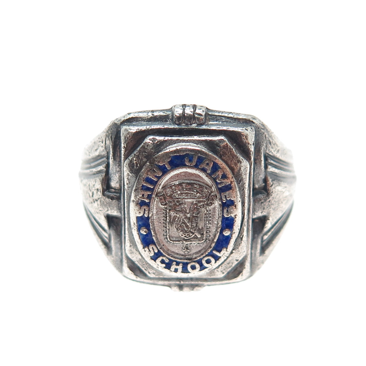 SK & F 925 Sterling Silver Antique Enamel St. James School Oxidized Ring Size 4