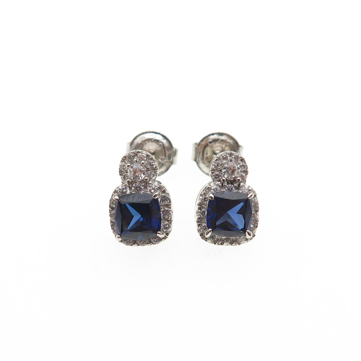 925 Sterling Silver Cushion-Cut Blue & Round-Cut White C Z Stud Earrings