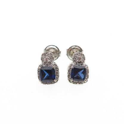 925 Sterling Silver Cushion-Cut Blue & Round-Cut White C Z Stud Earrings