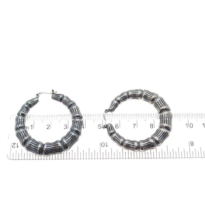 925 Sterling Silver Vintage Modernist Bamboo Oxidized Hoop Earrings