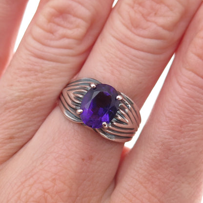 925 Sterling Silver Vintage Real Amethyst Modernist Oxidized Ring Size 7