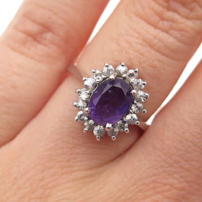 925 Sterling Silver Vintage Real Oval-Cut Amethyst & Round-Cut C Z Ring Size 6