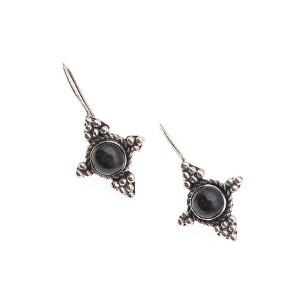 925 Sterling Silver Vintage Real Black Obsidian Cross Beaded Earrings