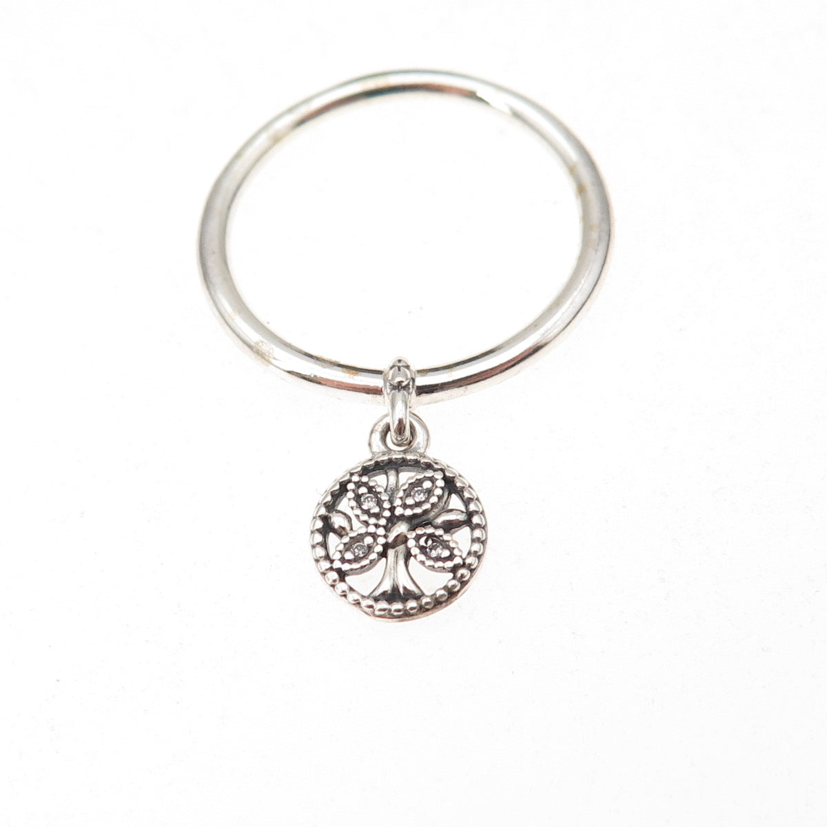 Pandora 925 Sterling Silver Round-Cut C Z Tree of Life Dangle Charm Ring Size 6
