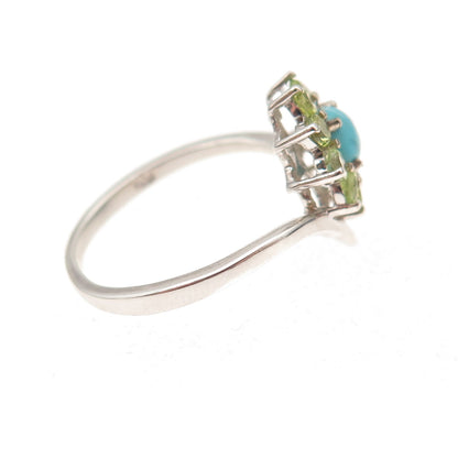 Chuck Clemency 925 Sterling Silver Real Turquoise Peridot Floral Ring Size 8.25