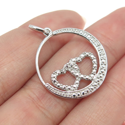 HAN 925 Sterling Silver Round-Cut C Z Crescent Moon Double Heart Pendant