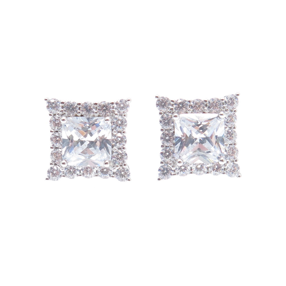 925 Sterling Silver Princess & Round-Cut C Z Sparkle Square Stud Earrings