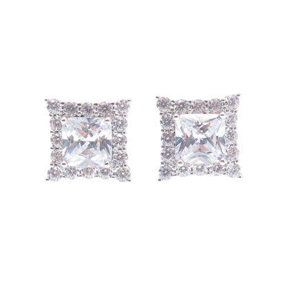 925 Sterling Silver Princess & Round-Cut C Z Sparkle Square Stud Earrings