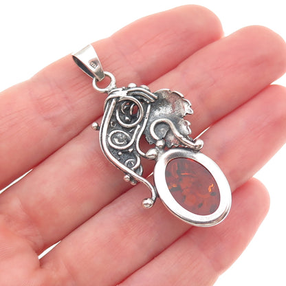 925 Sterling Silver Vintage Real Amber Grape Floral Oxidized Charm Pendant