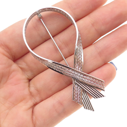 925 Sterling Silver Antique Art Deco Ribbon Filigree Pin Brooch